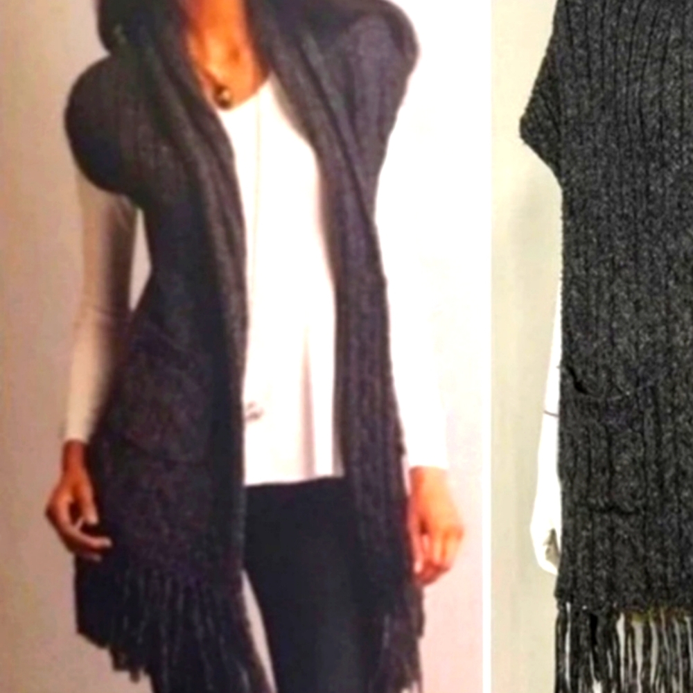 Cabi Thick Warm Long Cardigan Sweater Vest, Fringe Hem & 2 Pockets Charcoal Grey